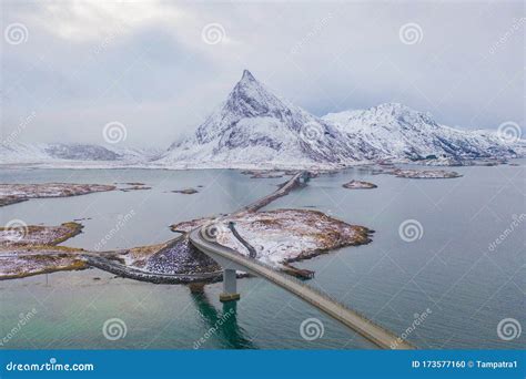 Aerial View Of Bridge And Road In Lofoten Islands Nordland County