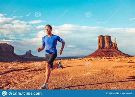 Fitness Athlete Runner Man Sprinting Ultra Running Across Desert