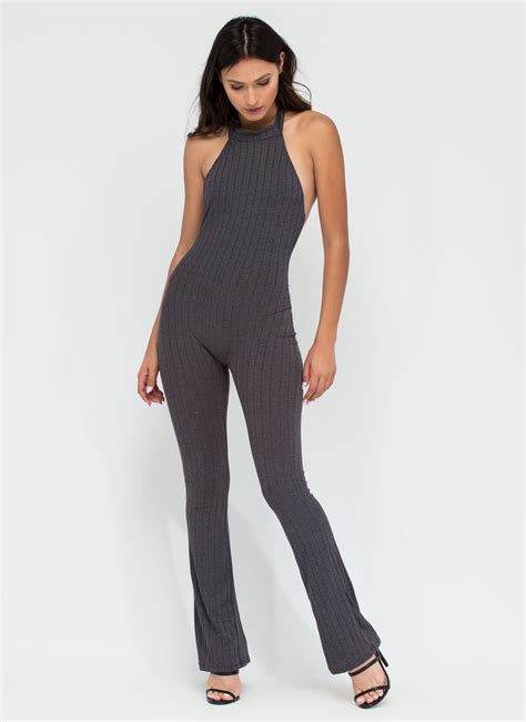Extra Special Rib Knit Flared Jumpsuit BLACK CHARCOAL Flare Jumpsuit