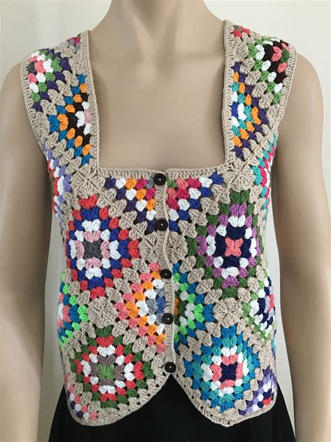 Crochet Granny Square Patchwork Vest S Style Colorful Etsy