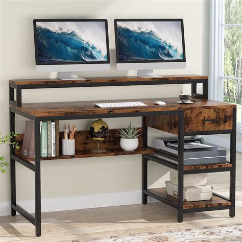 Buy Tribesigns Computer Desk With Monitor Shelf And Drawers 55 Inch