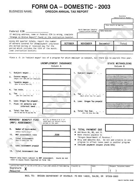 Form Oa Domestic Oregon Annual Tax Report 2003 Printable Pdf Download