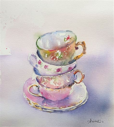 Teacups Original Watercolor Painting Pink Tea Cups Tower Etsy