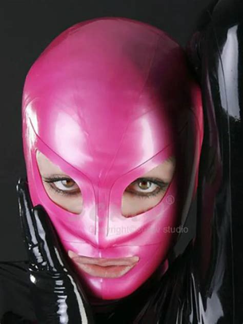 New Anatomical Latex Mask Pink Rubber Fetish Latex Hoods And Masks Sexy Mouth Eyes Condom Rubber