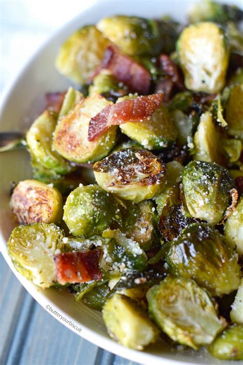 Roast until the brussels sprouts are crispy on the outside and tender on the inside, about 25 minutes, shaking the pan halfway through. Parmesan Roasted Brussels Sprouts with Bacon - Butter Your ...