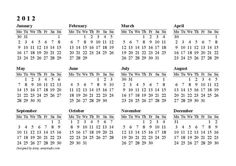 2012 Calendar Printable