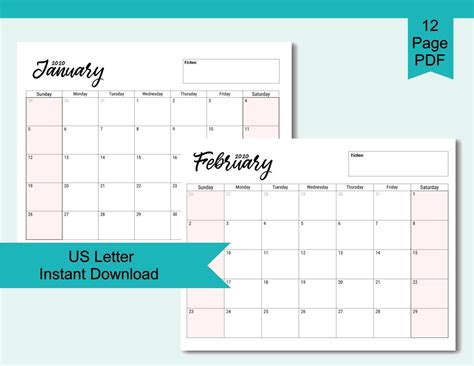 2020 Calendar Digital Download Pdf Horizontal Calendar Sunday Start