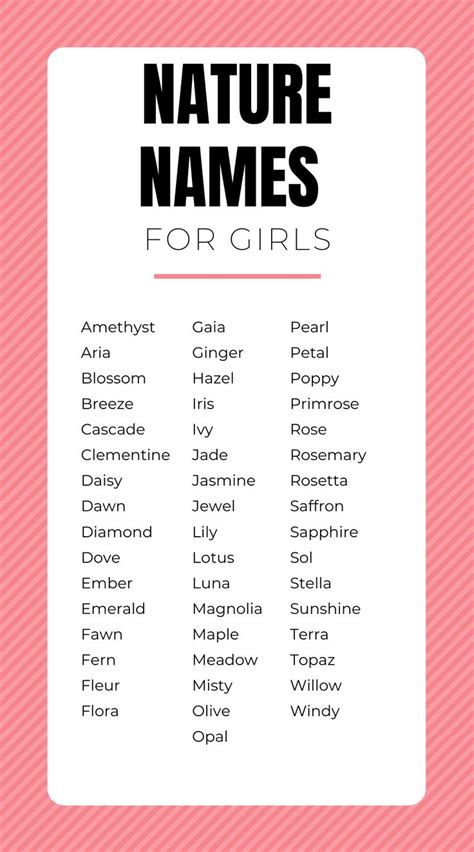 A Pink And White Poster With The Words Nature Names For Girls On It In