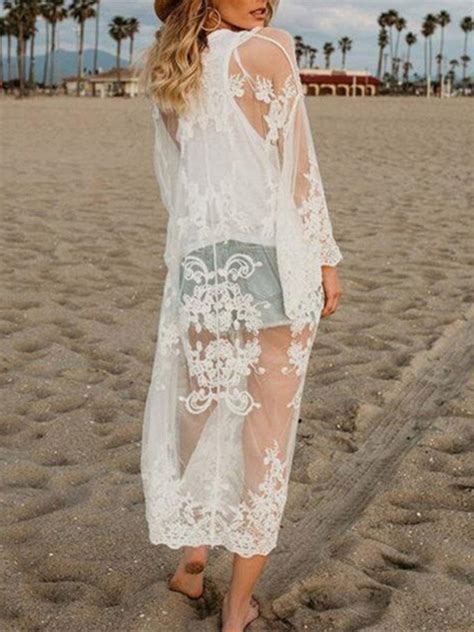 Flutter Sleeve Sheer Embroidered Lace Beach Cover Up