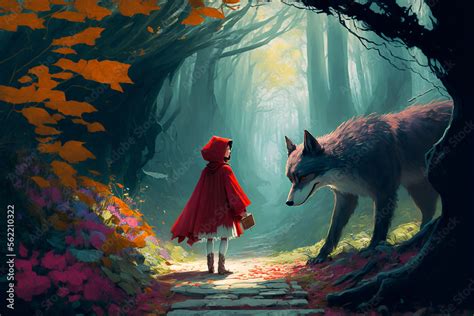 little red riding hood meets the wolf in the woods stock illustration adobe stock