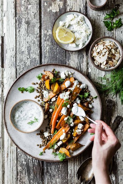 Roasted Beet And Carrot Lentil Salad With Feta Yogurt And Dill Warm