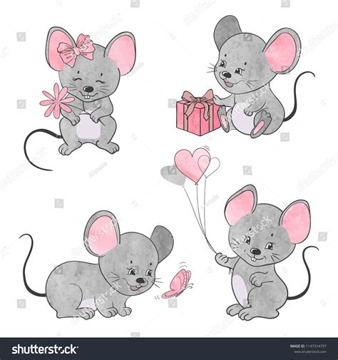 Set Of Cute Little Cartoon Mice Vector Watercolor Mouse Collection