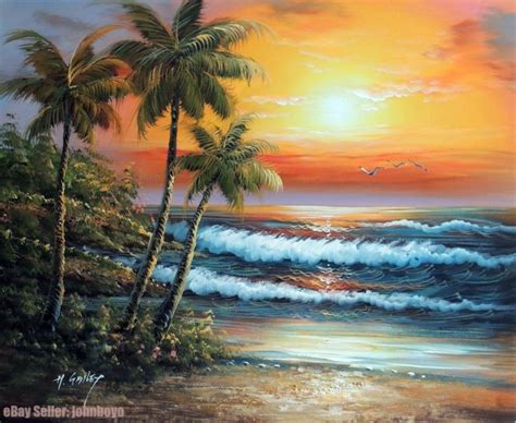 Painting Hawaii Sunset Surf Beach Palm Trees Sand Stretched Seascape