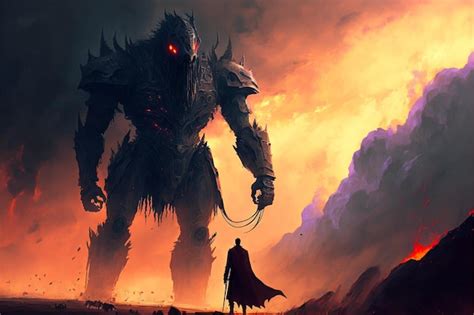 Premium Ai Image A Man Stands In Front Of A Giant Monster With A Red