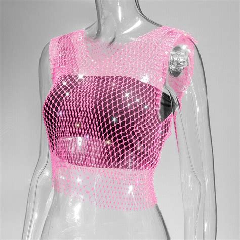 women rhinestones sexy vest mesh crop tops hollow out see through tank top ebay