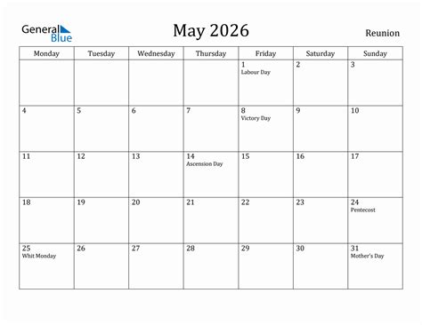 May 2026 Monthly Calendar With Reunion Holidays