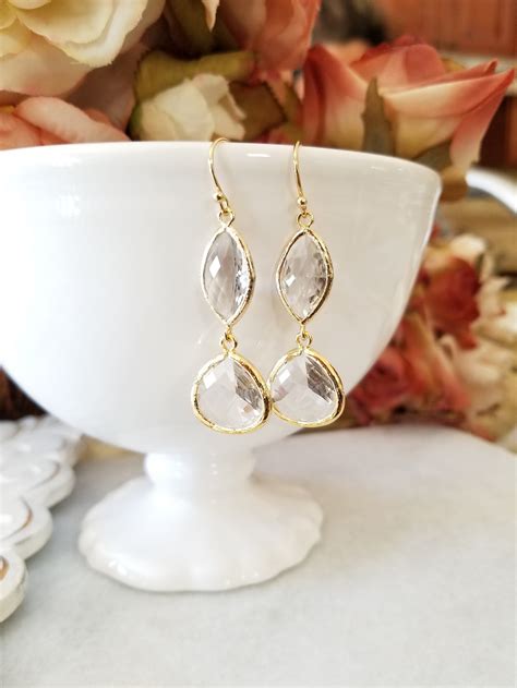 Clear Crystal Gold Earrings Drop Dangle Earrings Bridesmaid Etsy
