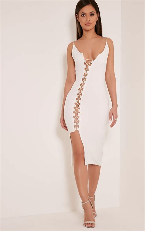 Lovina White Lace Up Bodycon Dress Dresses Prettylittlething