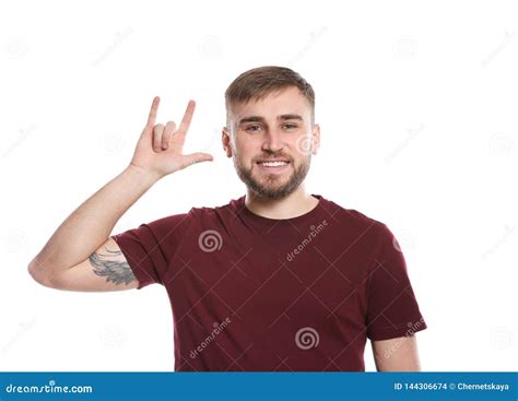 Homme Montrant Je Taime Le Geste Dans La Langue Des Signes Sur Le Blanc Photo Stock Image Du