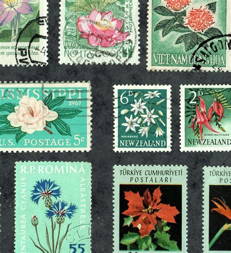 44 Flower Postage Stamps With Green Background Digital Etsy