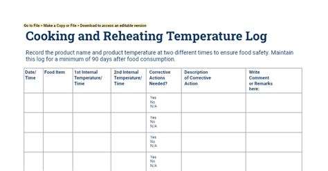 Haccp Cooking And Reheating Temperature Log Copy Or Download To Edit