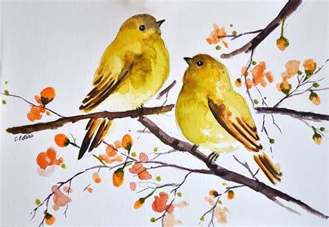 Original Watercolor Bird Painting Yellow Birds With Orange