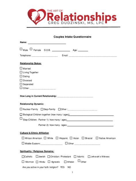 Fillable Online Couples Counseling Initial Intake Form Shelley B White Fax Email Print
