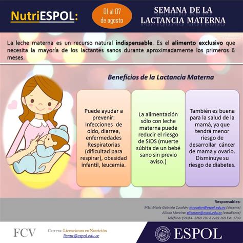 Durante la etapa de lactancia es necesario que las madres se alimenten adecuadamente, aumentando la cantidad de nutrientes que contengan hierro, zinc, fósforo, magnesio. Del 01 al 07 de agosto: Semana Mundial de la Lactancia Materna. Mayor información: http://www ...
