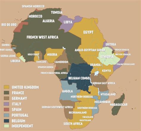 The physical map of africa showing major geographical features like elevations, mountain ranges, deserts, seas, lakes, plateaus, peninsulas, rivers, plains, some regions with vegetations or forest, landforms and other topographic features. Colonial Africa On The Eve of World War I - Brilliant Maps