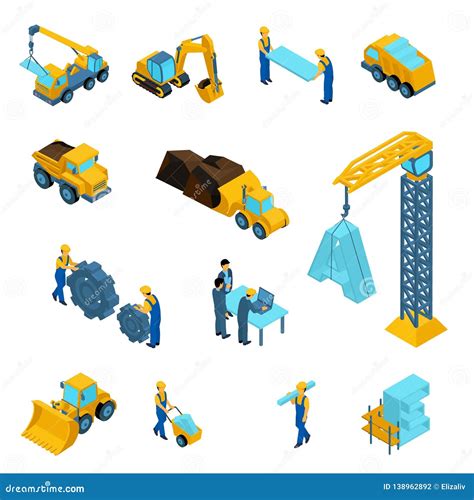 Set Isometric Icons For Construction Workers Stock Vector