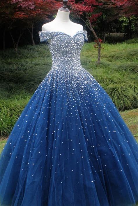 Gorgeous Off Shoulder Sequins Blue Long Prom Dress Shiny Sequins Blue