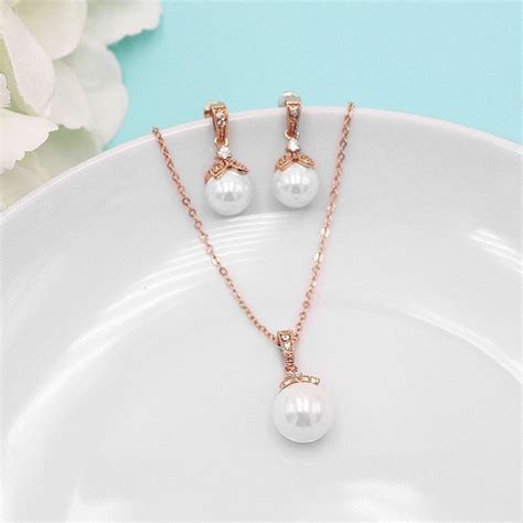 Rose Gold Pearl Jewelry Set Cz Pearl Wedding Necklace Set Etsy