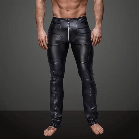 2019 sexy men funny faux pu leather pants wet look zipper black spandex straight tight nightclub