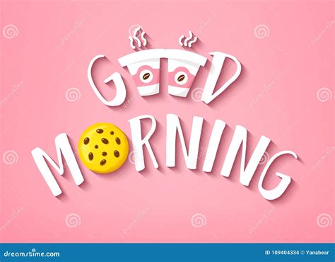 Good Morning Banner With Cute Text Cookie And Two Cups Of Coffee On