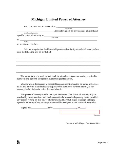 Free Michigan Limited Power Of Attorney Form Pdf Word Eforms