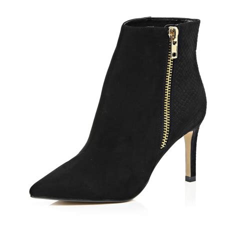 river island black pointed toe zip trim heeled ankle boots in black lyst