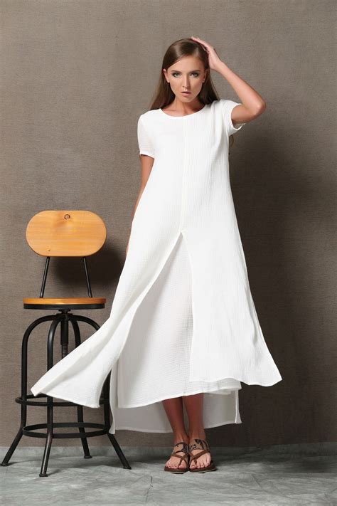 White Layered Cotton Linen Dress Loose Fitting Short Sleeved Side Pockets Long Maxi Dress