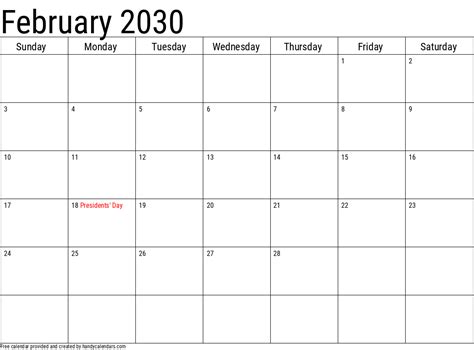2030 February Calendars Handy Calendars