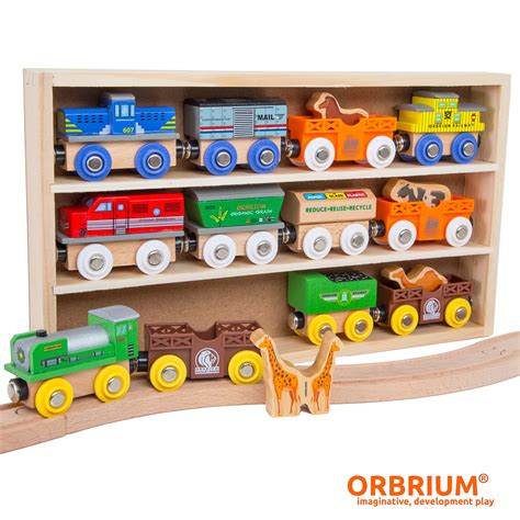 Orbrium Toys 12 Pcs Wooden Engines And Train Cars Collection With Animals