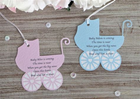 Show off your crafting, sewing and painting skills while welcoming the new baby with love and cheer. Baby shower favor tags, baby shower wine labels, Baby shower party favor tags, Baby is comi ...