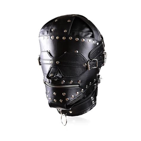 High Quality Pu Leather Full Gimp Hooded Mask Locking Blindfold Zipper Open Mouth Heads