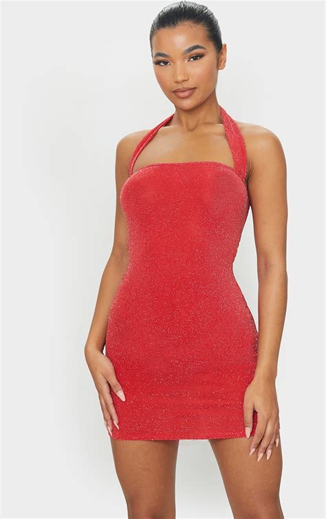 Red Textured Glitter Halterneck Bodycon Dress Prettylittlething Usa