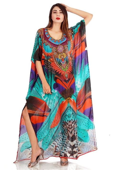 Beach Wear Cover Up Long Dress Womens Kaftan Silk Kaftan Maxi Dress Printed Plus Size Silk