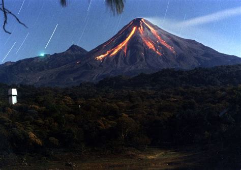 Volcan De Fuego And The Lights Of The Observatory Colima State Mexico
