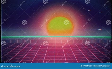 Retro 80s Vhs Tape Video Game Intro On Grid With Sunrise And Stars With