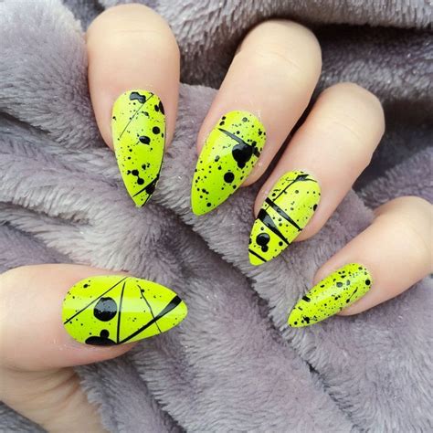 Neon Yellow And Black Splatter Stiletto Nails Nail Art Designs