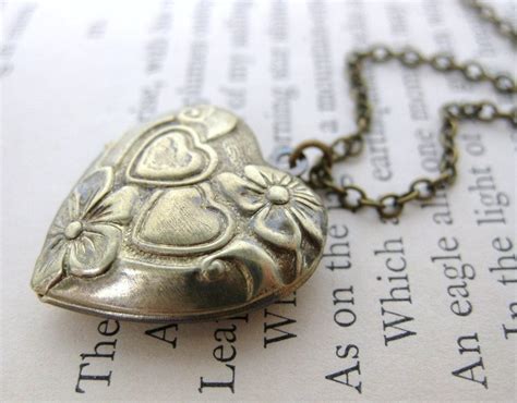 Vintage Locket Necklace Heart Flowers Antiqued Brass Jewelry