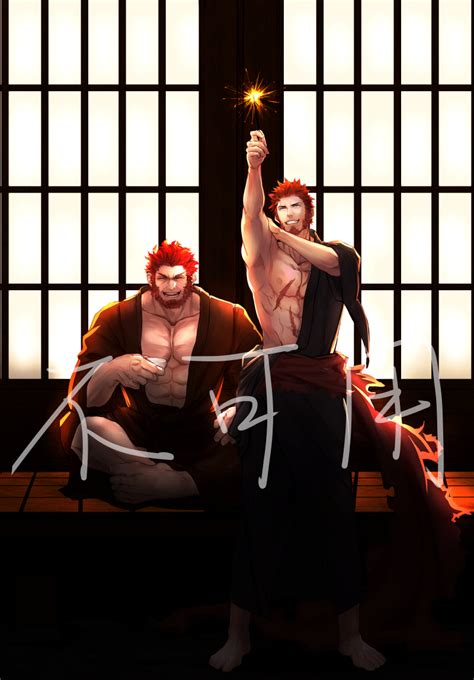 Safebooru 2boys Abs Bara Beard Blue Eyes Brown Hair Chest Cup Facial Hair Fategrand Order