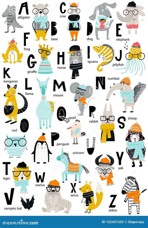 Cute Vector Zoo Alphabet Poster With Latin Letters And Cartoon Animals