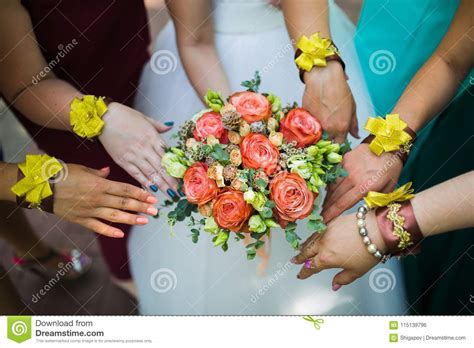Bridesmaids Holding Bouquets Stock Photo Image Of Bouquet Dress